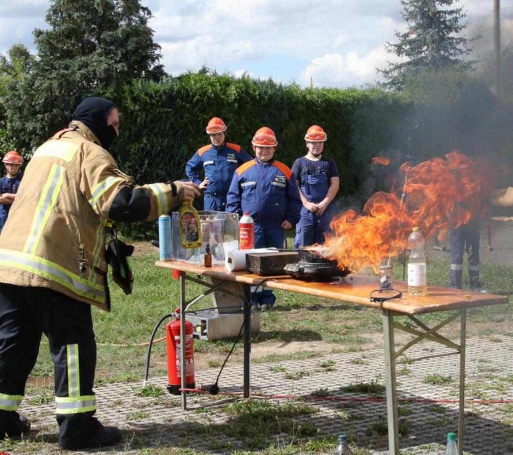 Vorführung eines Fettbrandes mit löschversuchen und Demonstration der Gefährlichkeit beim Löschen von Fettbränden mit Wasser. Auch bei der Brandschutzhelfer Ausbildung möglich.